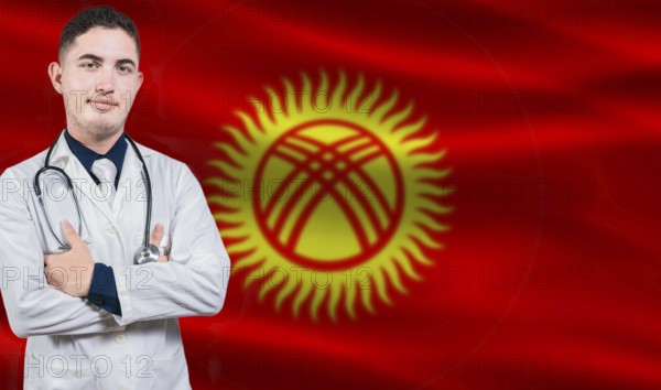 Portrait of medical professional on Kyrgyzstani flag background.Kyrgyzstani national health system