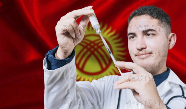Doctor holding syringe on Kyrgyzstan flag background. Medical professional holding syringe with Kyrgyzstani flag in the background