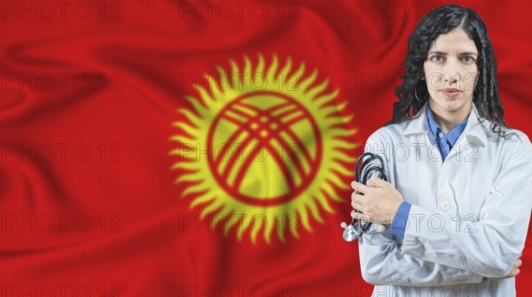 Kyrgyzstani national health system, Medical professional on Kyrgyzstani flag background