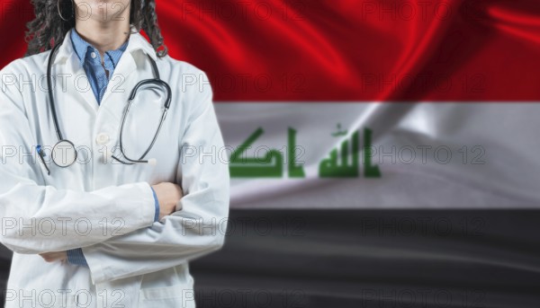Medical professional on Iraq flag. Healthcare and wellness in Iraq, Concept