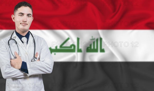 Portrait of medical professional on Iraq flag background. Iraqi national health system