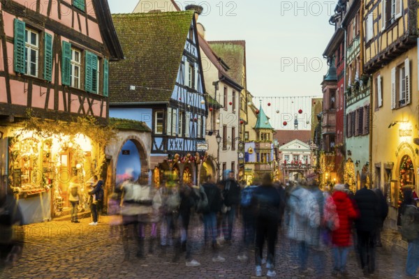 Christmassy decorated half-timbered houses, Christmas market, Riquewihr, Grand Est, Haut-Rhin, Alsace, France