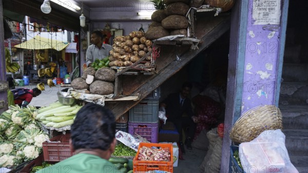 Sales stand at an Indian market with fresh vegetables and visitors, Manali, Himachal Pradesh, India
