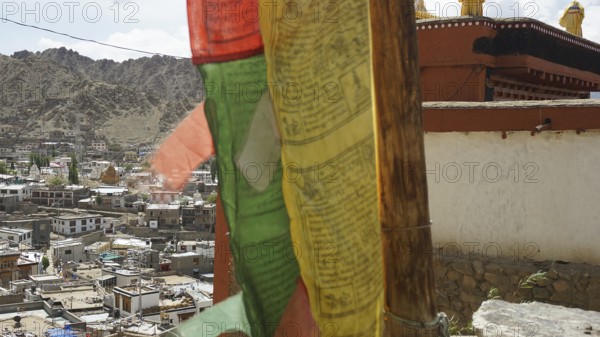 Colourful prayer flags fly over a city in front of a mountain range, Ladakh, North India, Himalayas, India