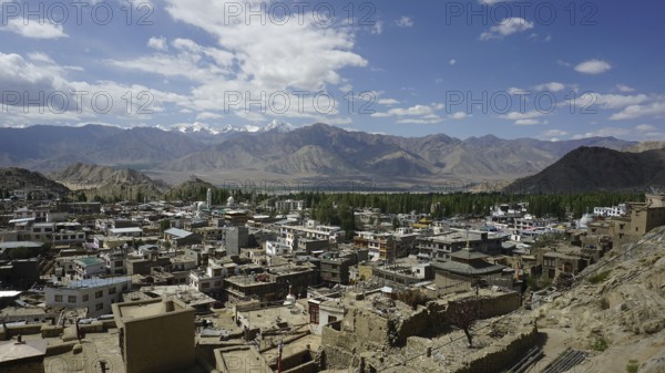 Panoramic view of Leh city with surrounding mountains and slightly cloudy sky, Ladakh, North India, Himalayas, India