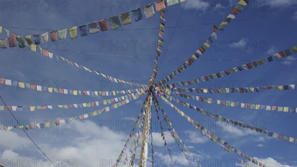 Colourful prayer flags stretch across the blue sky in Leh, Ladakh, North India, Himalayas, India