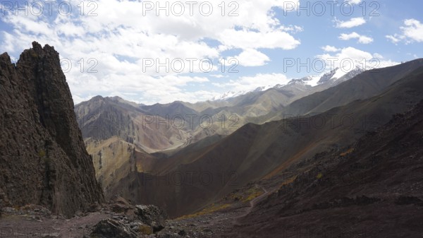 Wide mountain landscape with snowy peaks under cloudy sky, trekking at Stok La Pass in Ladakh, Himalayas, India