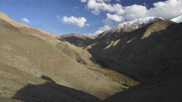 Impressive mountain panorama with cloud shadows and clear blue sky, trekking in Ladakh, Himalayas, India