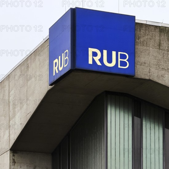 Ruhr-Universität Bochum, abbreviated RUB, with the logo on a university building, Bochum, North Rhine-Westphalia, Ruhr region, Germany