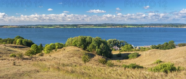 Hilly landscape in the Zicker Mountains, including Zicker Alps, view over the lagoon landscape, in front the village of Gager, Mönchgut nature reserve, Gross Zicker, Mönchgut peninsula, Rügen island, Mecklenburg-Western Pomerania, Germany