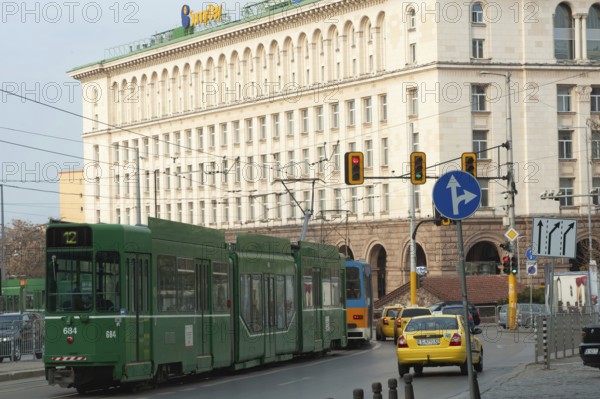 Sofia, Bulgaria. April 6th 2019 Tram and Traffic in Sofia City Center, Bulgaria