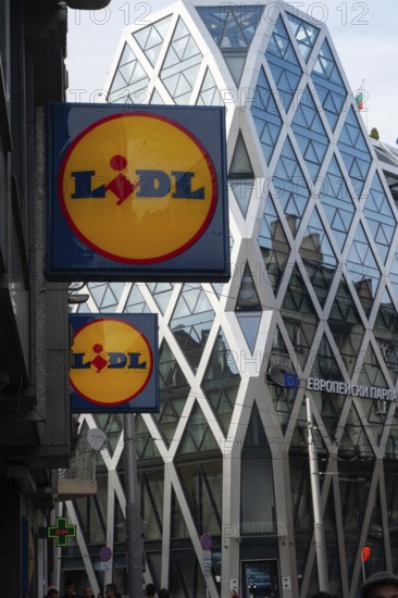 Sofia, Bulgaria, June 4th 2019 Sign for Liddle Supermarket close to the European Parliament building in Sofia, Bulgaria