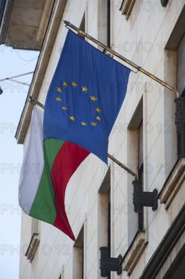 Sofia, Bulgaria, June 4th 2019 Bulgarian and European Union Flag outside a Bulgarian Government Building Sofia, Bulgaria