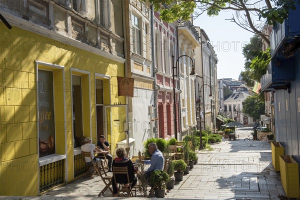 Varna, Bulgaria. September 7th 2020 Coffee shops along a pretty street in a trendy Varna neighbourhood, Bulgaria
