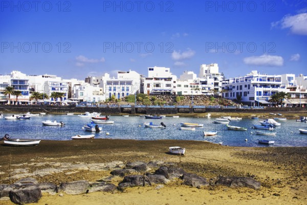 Numerous boats in the Charco de San Ginés lagoon, surrounded by white buildings on the shore, Arrecife, Lanzarote, Canary Islands, Spain