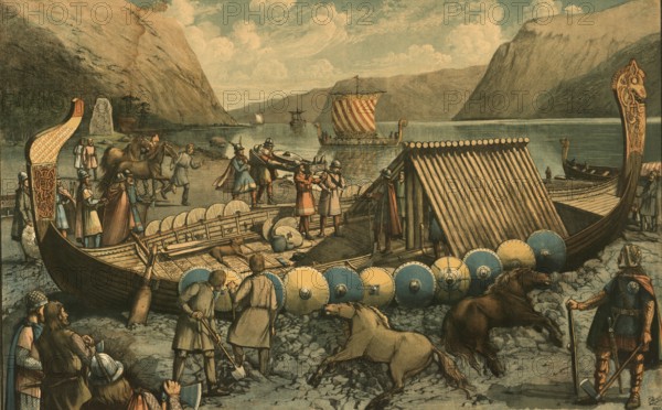 Burials of high-ranking Vikings such as those of a jarl (prince) were not mere funerals, but monumental displays of power and faith, authentic, digitally restored reproduction of a 19th century model, exact date of depiction unknown, Historical