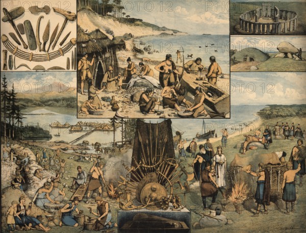 Illustrated school blackboard depicting various scenes and objects from the Stone Age, especially the Neolithic or Neolithic, and the Bronze Age, authentic, digitally restored reproduction from a 19th century model, exact date of presentation unknown, historical