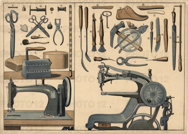 Illustration shows an antique technical diagram depicting historical working tools. The left side illustrates tools for tailors, including needles, scissors, and a classic sewing machine. The right side shows special machines and tools for shoemakers or saddlers, such as strips and awls, authentic, digitally restored reproduction of a model from the 19th century, exact date of presentation unknown, historical
