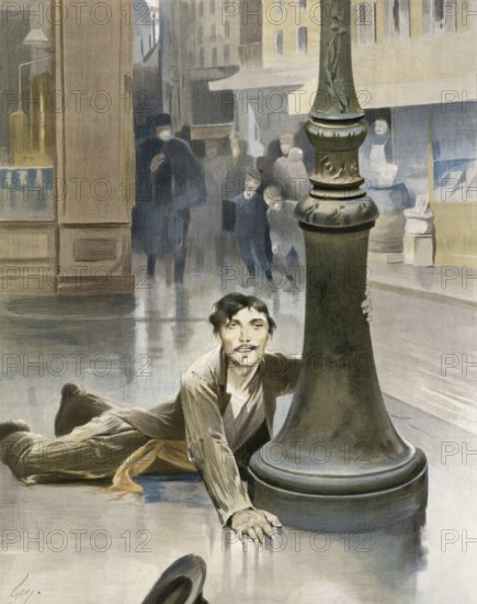 Symbolic alcohol abuse, the alcoholic who causes scandals as he falls over on the street, around 1910, France, authentic, digitally restored reproduction from a 19th-century model, exact date of depiction unknown, historical