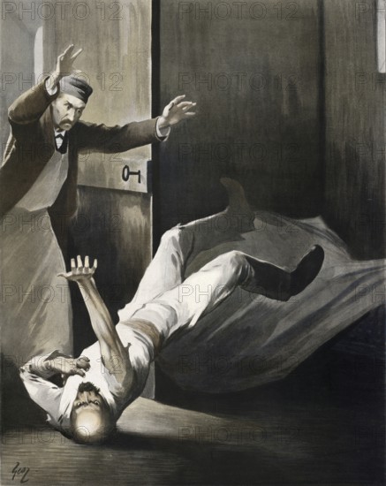 Symbolic alcohol abuse, delirium tremens, alcohol delirium, a life-threatening complication of severe alcoholism that usually occurs 48 to 72 hours after the start of alcohol withdrawal, around 1910, France, authentic, digitally restored reproduction from a 19th century original, exact date of presentation unknown, historical