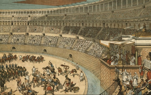 Scene in ancient Rome, presumably the inauguration of the Colosseum, Flavian Amphitheatre, in 80 AD, Italy, authentic, digitally restored reproduction from a 19th-century model, exact date of depiction unknown, historical