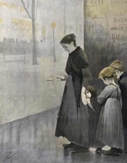 Symbolic of alcohol abuse by men, social hardship and poverty, which particularly affects woman, around 1910, France, authentic, digitally restored reproduction from a 19th-century model, exact date of presentation unknown, historical