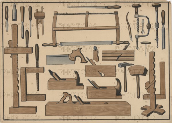 Color lithograph with various woodworking tools typically used by carpenters or carpenters, authentic, digitally restored reproduction from a 19th-century original, exact date of depiction unknown, historical