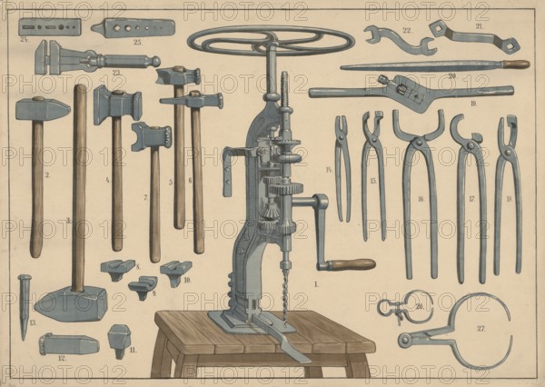 Collection of tools used primarily for metalworking, blacksmith tools, in the middle is a mechanical drill or hand drill with a large handwheel at the top, authentic, digitally restored reproduction from a 19th century original, exact date of depiction unknown, historical