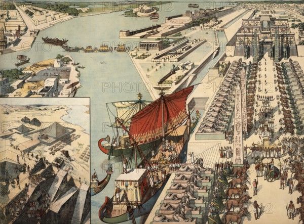 Nile port in historic Egypt, authentic, digitally restored reproduction from a 19th century model, exact date of depiction unknown, historical