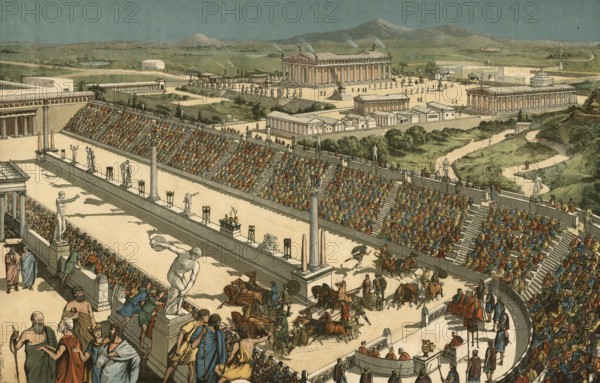 Chariot racing in historic Greece, Athens, authentic, digitally restored reproduction from a 19th century model, exact date of depiction unknown, historical