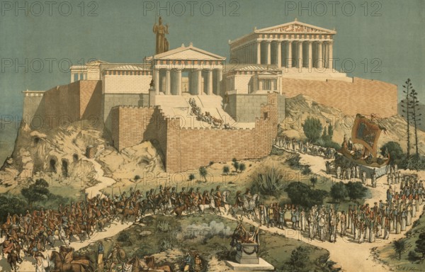 Victory Parade in Historic Greece, Athens, authentic, digitally restored reproduction from a 19th century model, exact date of depiction unknown, historical