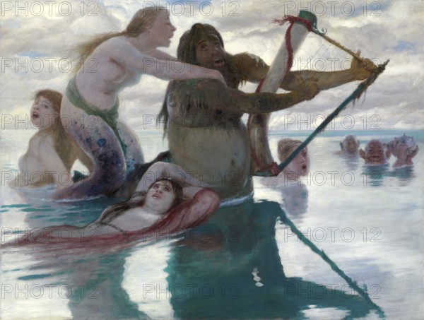 Arnold Böcklin (born 16 October 1827, died January 1901), Swiss painter, draughtsman, graphic artist and sculptor of Symbolism: In The Sea (1883), Painting, Reproduction of the painting, Work of art, Historical, Supernatural scene of people in the sea, with musicians in a sensual pose