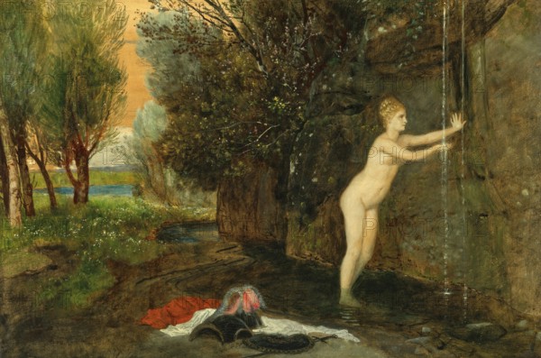 Arnold Böcklin (born 16 October 1827, died January 1901), Swiss painter, draughtsman, graphic artist and sculptor of Symbolism: Am Quell, At the Source) (1879), Painting, Reproduction of the painting, Work of art, Historical, Nude of a woman by a shallow stream in an evening landscape