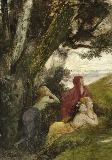 Arnold Böcklin (born 16 October 1827, died January 1901), Swiss painter, draughtsman, graphic artist and sculptor of Symbolism: Dryads (1897), Painting, Reproduction of the painting, Work of art, Historical, Women in nature, lying dreamily under a large tree
