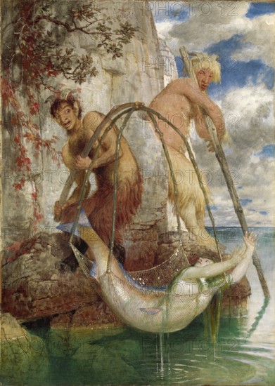 Arnold Böcklin (born 16 October 1827, died January 1901), Swiss painter, draughtsman, graphic artist and sculptor of Symbolism: Two fishing Pans (1874), Painting, Reproduction of the painting, Artwork, Historical, Two satyrs catch a mermaid with a net in front of a rocky backdrop