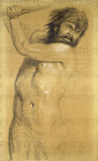 Arnold Böcklin (born 16 October 1827, died January 1901), Swiss painter, draughtsman, graphic artist and sculptor of Symbolism: Triton (1868), Painting, Reproduction of the painting, Work of art, Historical, Dynamic charcoal drawing of a muscular, serious man in motion