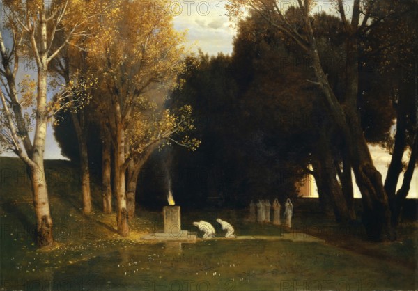 Arnold Böcklin (born 16 October 1827, died January 1901), Swiss painter, draughtsman, graphic artist and sculptor of Symbolism: The Sacred Grove (1882), Painting, Reproduction of the painting, Work of art, Historical, Ritual scene in the forest with blossoming trees in autumn light and altar in the centre
