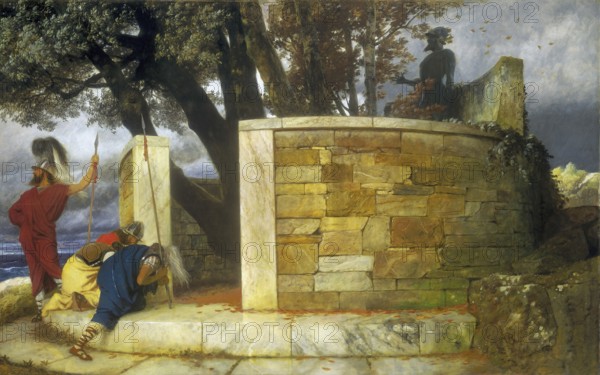 Arnold Böcklin (born 16 October 1827, died January 1901), Swiss painter, draughtsman, graphic artist and sculptor of Symbolism: The Sanctuary of Hercules (1884), Painting, Reproduction of the painting, Work of art, Historical, Figures in antique garments around ruins of an ancient building in a landscape near the sea