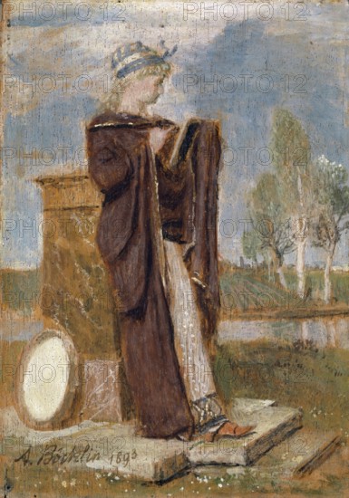 Arnold Böcklin (born 16 October 1827, died January 1901), Swiss painter, draughtsman, graphic artist and sculptor of Symbolism: The Muse Thalia (1893), Painting, Reproduction of the painting, Work of art, Historical, Woman in antique garment next to gravestone, with clear sky and trees in antique landscape