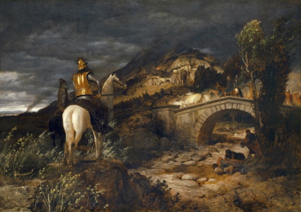 Arnold Böcklin (born 16 October 1827, died January 1901), Swiss painter, draughtsman, graphic artist and sculptor of Symbolism: The March of the Goths (1881), Painting, Reproduction of the painting, Work of art, Historical, Knights on horses and soldiers on a bridge in a turbulent landscape with a dark sky
