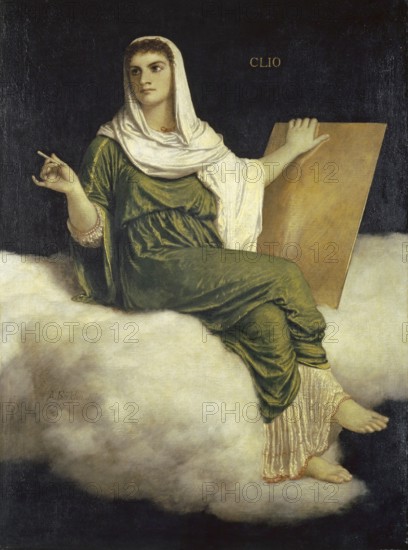 Arnold Böcklin (born 16 October 1827, died January 1901), Swiss painter, draughtsman, graphic artist and sculptor of Symbolism: The Muse Clio (1875), Painting, Reproduction of the painting, Work of art, Historical, Woman with table sitting on clouds, painted in classical style and historical context