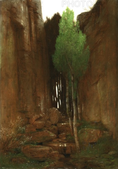 Arnold Böcklin (born 16 October 1827, died January 1901), Swiss painter, draughtsman, graphic artist and sculptor of Symbolism: Spring in a Narrow Gorge, (1881), Painting, Reproduction of the painting, Work of art, Historical, Narrow path through a rocky gorge with tall slender trees and a peaceful atmosphere