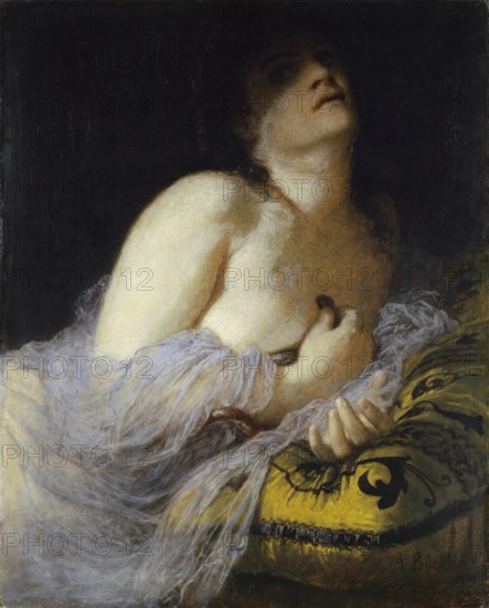 Arnold Böcklin (born 16 October 1827, died January 1901), Swiss painter, draughtsman, graphic artist and sculptor of Symbolism: The Death of Cleopatra (1872), Painting, Reproduction of the painting, Work of art, Historical, Half-naked woman in dramatic pose, surrounded by darkness and light, with yellow cushion