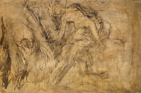 Arnold Böcklin (born 16 October 1827, died January 1901), Swiss painter, draughtsman, graphic artist and sculptor of Symbolism: Study for 'Nymph on the Shoulders of Pan' (1874), Painting, Reproduction of the painting, Work of art, Historical, Rough charcoal drawing of a person by a tree, suggestive and sketchy