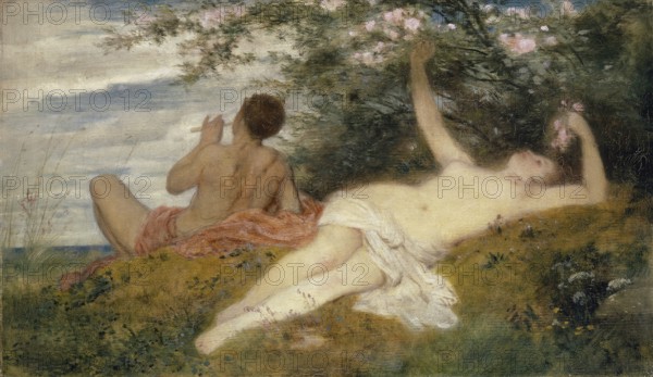 Arnold Böcklin (born 16 October 1827, died January 1901), Swiss painter, draughtsman, graphic artist and sculptor of Symbolism: Spring (1862), Painting, Reproduction of the painting, Artwork, Historical, A couple relaxes in nature, the man plays the flute while the woman enjoys nature