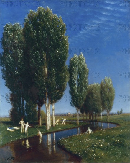 Arnold Böcklin (born 16 October 1827, died January 1901), Swiss painter, draughtsman, graphic artist and sculptor of Symbolism: Summer Day, Painting, Reproduction of the painting, Work of art, Historical, A peaceful landscape with a river, tall trees and bathing figures