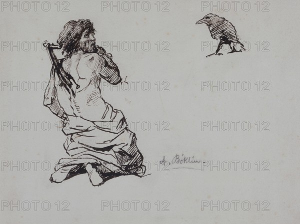 Arnold Böcklin (born 16 October 1827, died January 1901), Swiss painter, draughtsman, graphic artist and sculptor of Symbolism: Penitent scourging himself with a raven, Painting, Reproduction of the painting, Work of art, Historical, Minimalist pen and ink drawing of a seated man with a raven
