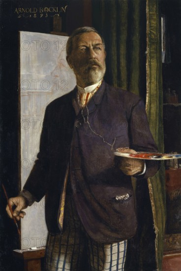 Arnold Böcklin (born 16 October 1827, died January 1901), Swiss painter, draughtsman, graphic artist and sculptor of Symbolism: Self-Portrait in the Studio (1893), Painting, Reproduction of the painting, Work of art, Historical, A painter in front of his canvas with palette and brushes, concentrated at work