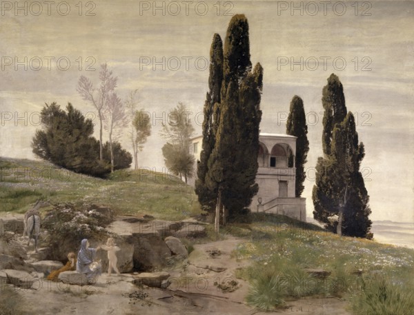 Arnold Böcklin (born 16 October 1827, died January 1901), Swiss painter, draughtsman, graphic artist and sculptor of Symbolism: Rest on the Flight into Egypt (1868), Painting, Reproduction of the painting, Work of art, Historical, A quiet rural estate with cypresses in a peaceful landscape
