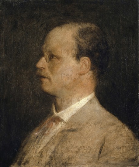 Arnold Böcklin (born 16 October 1827, died January 1901), Swiss painter, draughtsman, graphic artist and sculptor of Symbolism: portrait of Prof. Fritz Burckhardt-Brenner (1867-70), Painting, Reproduction of the painting, Work of art, Historical, Portrait of a serious man in a suit and glasses against a dark background